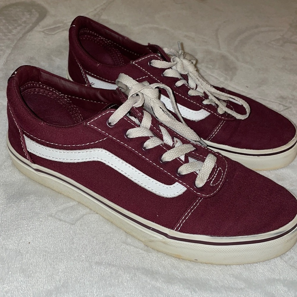 Maroon and white classic Vans